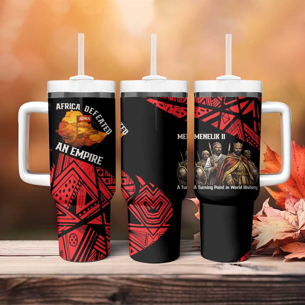Menelik II Tumbler With Handle with Adwa Victory Map, Africa Defeated an Empire Text and Red Geometric - Wonder Print Shop