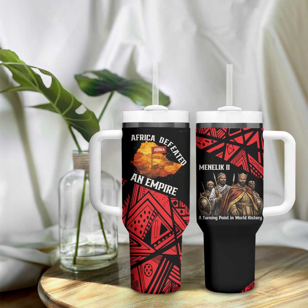 Menelik II Tumbler With Handle with Adwa Victory Map, Africa Defeated an Empire Text and Red Geometric - Wonder Print Shop