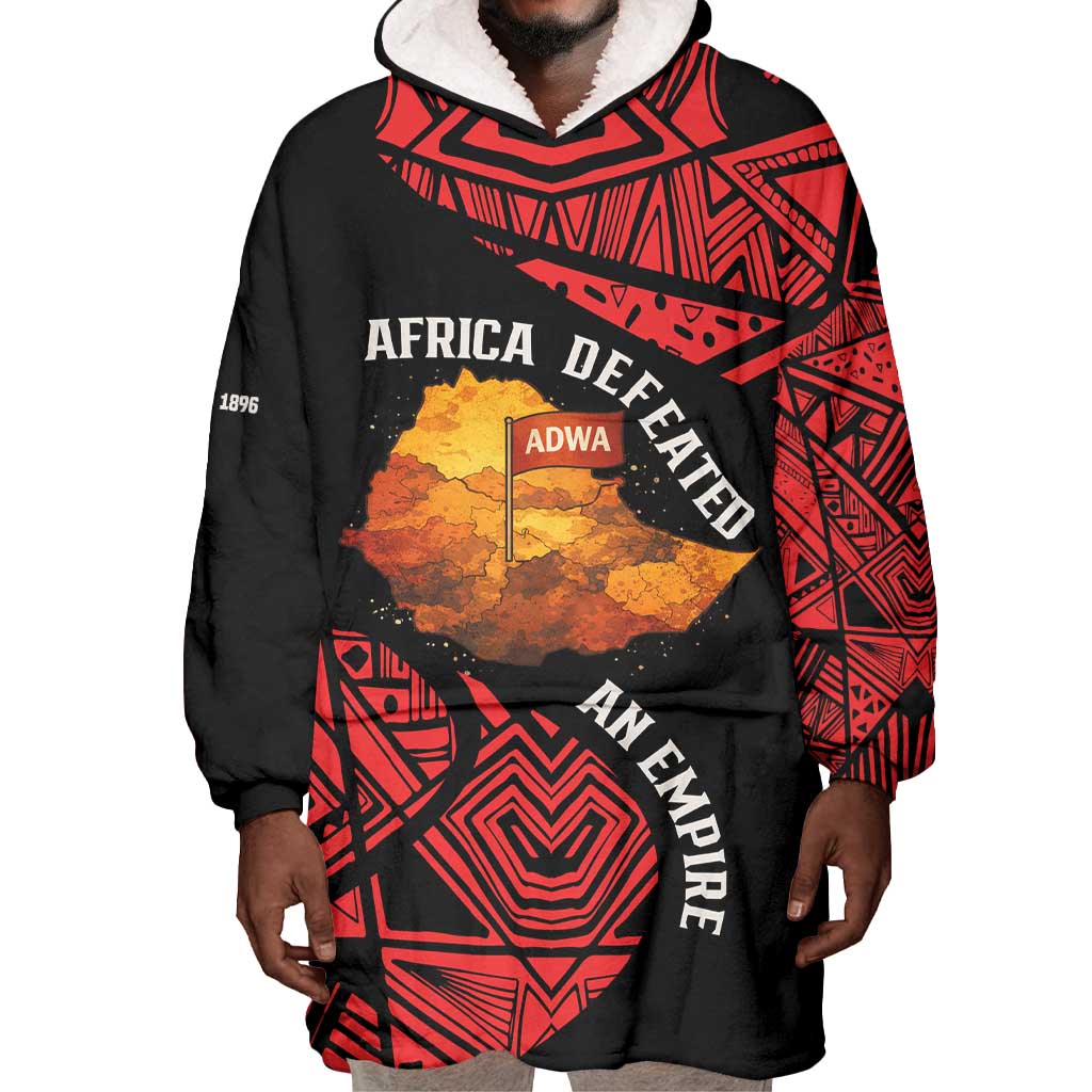 Menelik II Wearable Blanket Hoodie with Adwa Victory Map, Africa Defeated an Empire Text and Red Geometric - Wonder Print Shop