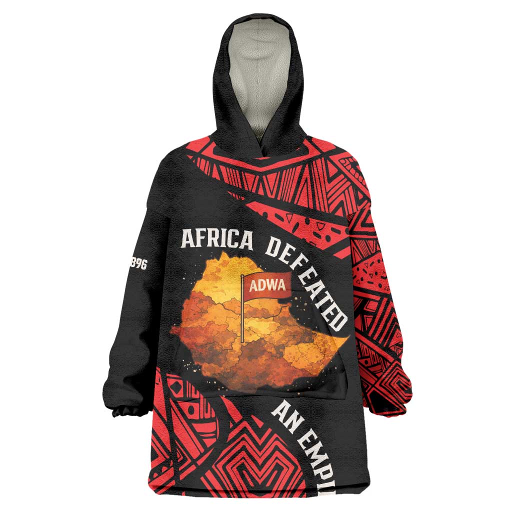 Menelik II Wearable Blanket Hoodie with Adwa Victory Map, Africa Defeated an Empire Text and Red Geometric - Wonder Print Shop