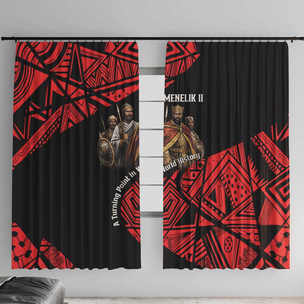 Menelik II Window Curtain with Adwa Victory Map, Africa Defeated an Empire Text and Red Geometric - Wonder Print Shop