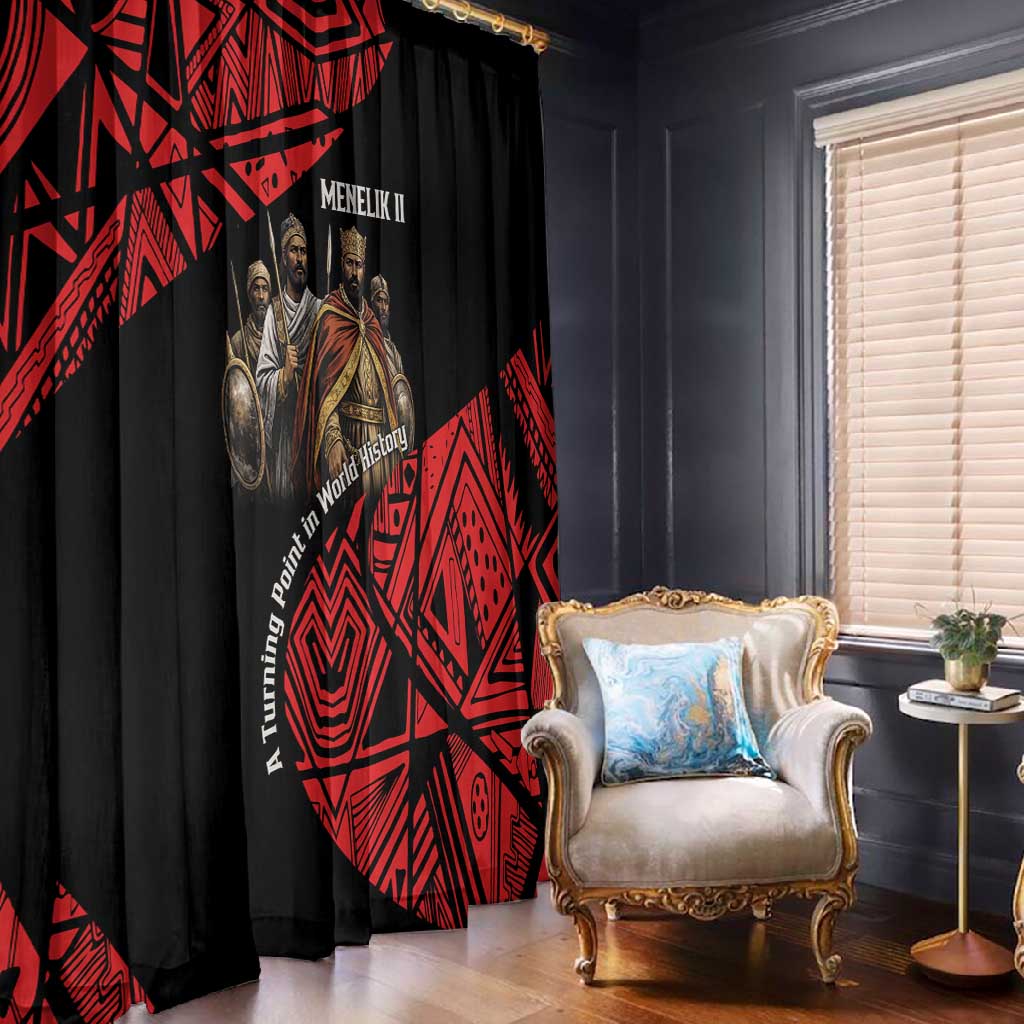 Menelik II Window Curtain with Adwa Victory Map, Africa Defeated an Empire Text and Red Geometric - Wonder Print Shop