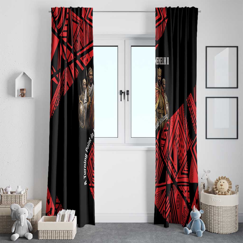 Menelik II Window Curtain with Adwa Victory Map, Africa Defeated an Empire Text and Red Geometric - Wonder Print Shop