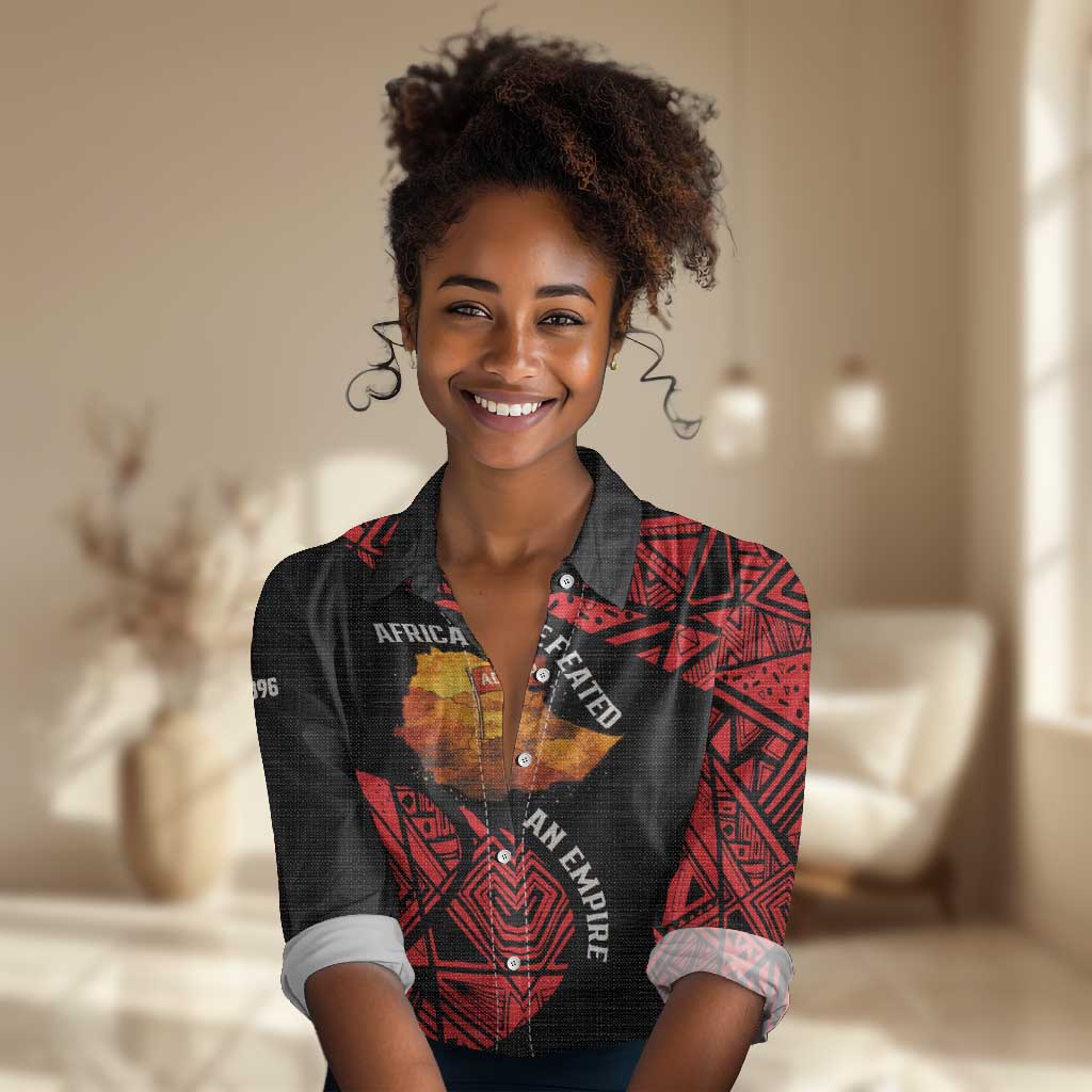 Menelik II Women Casual Shirt with Adwa Victory Map, Africa Defeated an Empire Text and Red Geometric - Wonder Print Shop