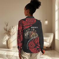 Menelik II Women Casual Shirt with Adwa Victory Map, Africa Defeated an Empire Text and Red Geometric - Wonder Print Shop
