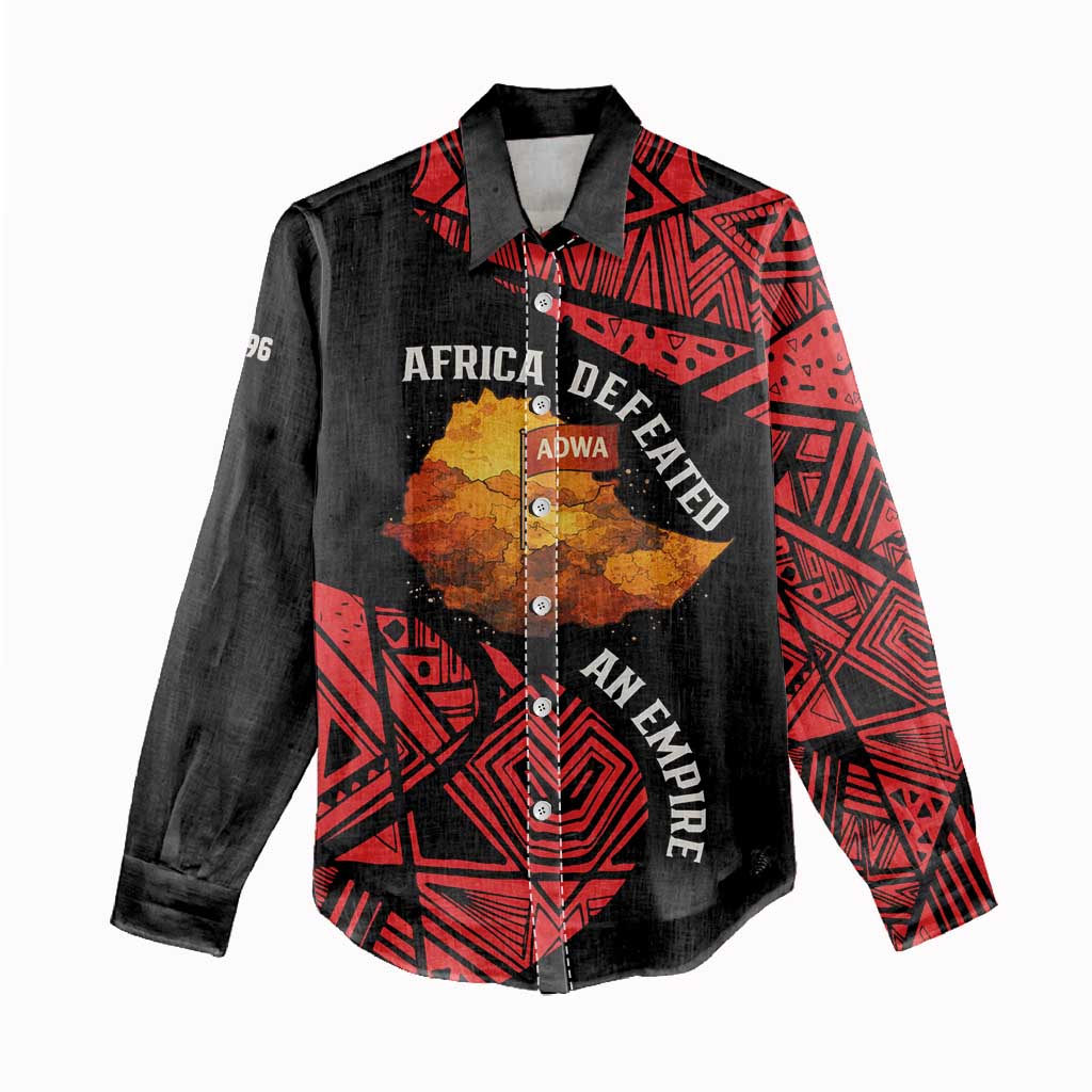 Menelik II Women Casual Shirt with Adwa Victory Map, Africa Defeated an Empire Text and Red Geometric - Wonder Print Shop