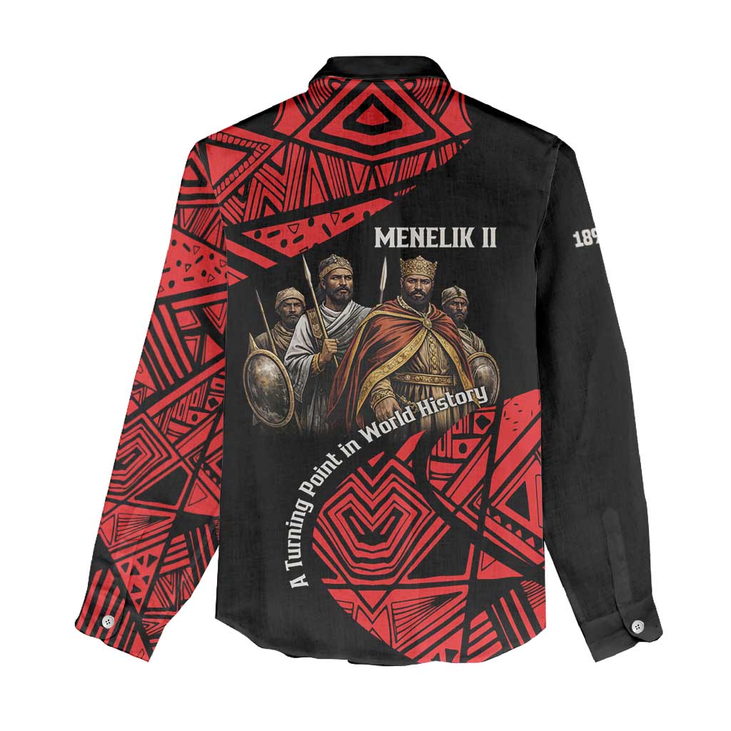 Menelik II Women Casual Shirt with Adwa Victory Map, Africa Defeated an Empire Text and Red Geometric - Wonder Print Shop