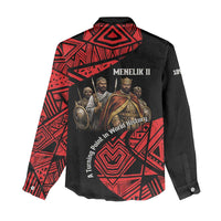 Menelik II Women Casual Shirt with Adwa Victory Map, Africa Defeated an Empire Text and Red Geometric - Wonder Print Shop