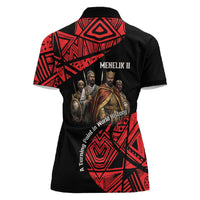 Menelik II Women Polo Shirt with Adwa Victory Map, Africa Defeated an Empire Text and Red Geometric - Wonder Print Shop