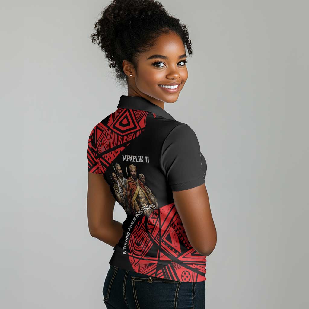 Menelik II Women Polo Shirt with Adwa Victory Map, Africa Defeated an Empire Text and Red Geometric - Wonder Print Shop