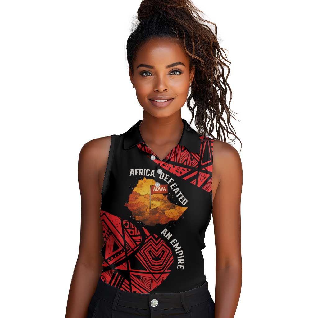 Menelik II Women Sleeveless Polo Shirt with Adwa Victory Map, Africa Defeated an Empire Text and Red Geometric - Wonder Print Shop