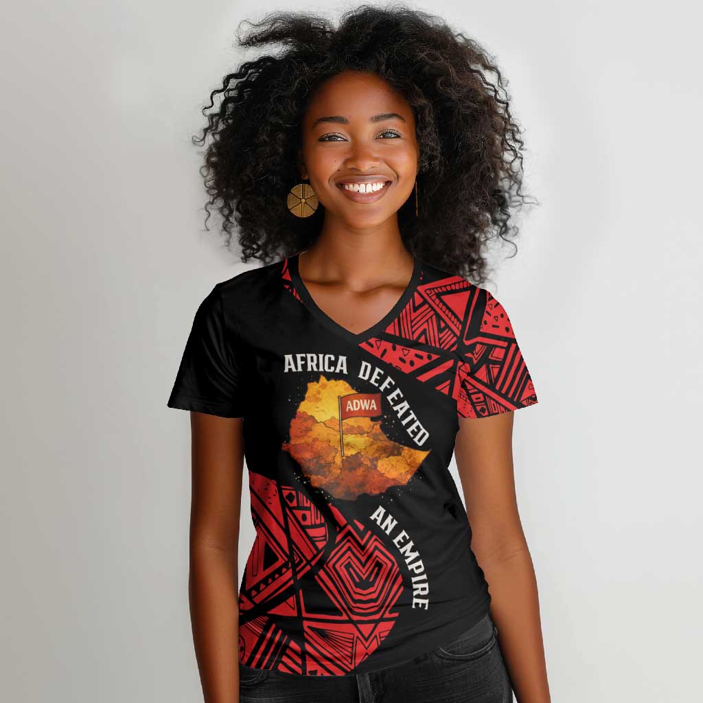 Menelik II Women V-Neck T-Shirt with Adwa Victory Map, Africa Defeated an Empire Text and Red Geometric - Wonder Print Shop