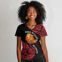 Menelik II Women V-Neck T-Shirt with Adwa Victory Map, Africa Defeated an Empire Text and Red Geometric - Wonder Print Shop