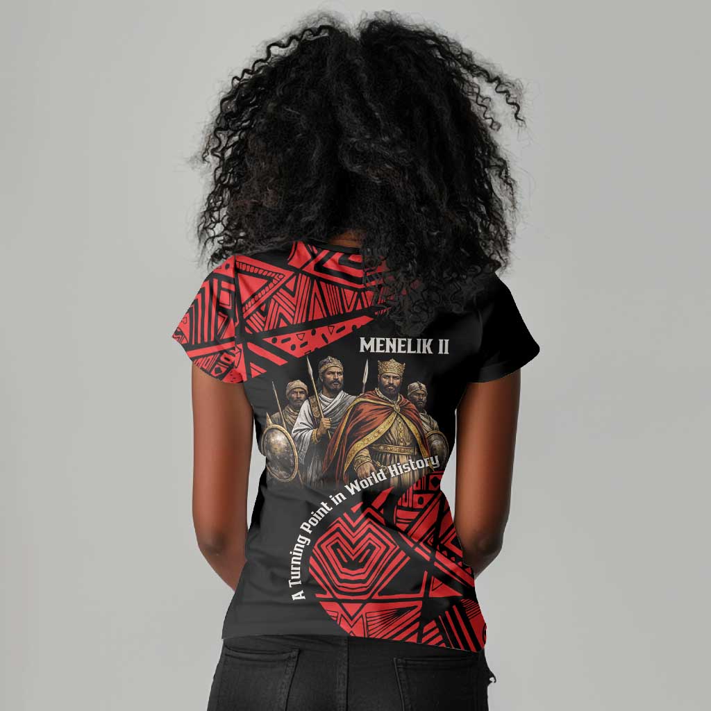 Menelik II Women V-Neck T-Shirt with Adwa Victory Map, Africa Defeated an Empire Text and Red Geometric - Wonder Print Shop