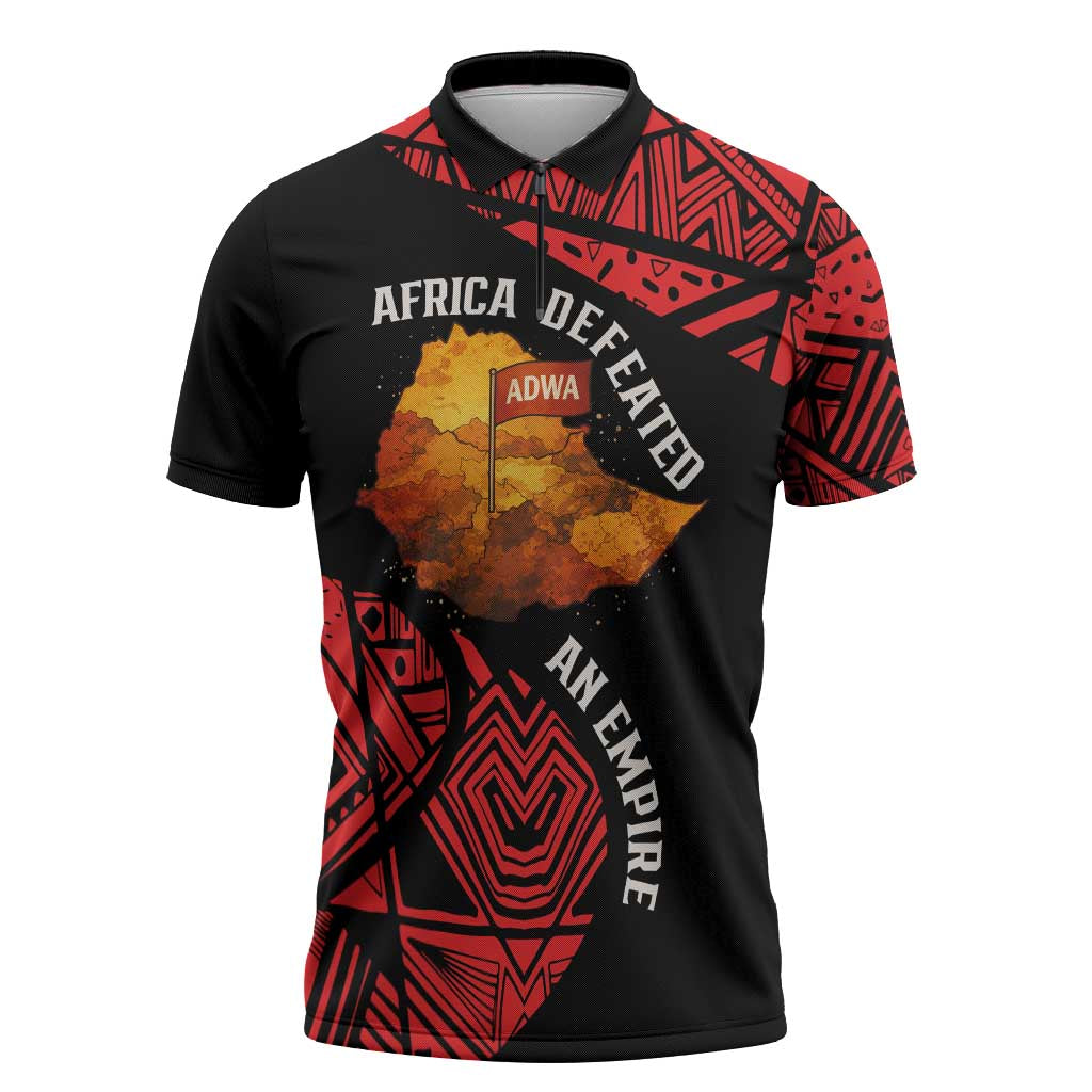 Menelik II Zipper Polo Shirt with Adwa Victory Map, Africa Defeated an Empire Text and Red Geometric - Wonder Print Shop