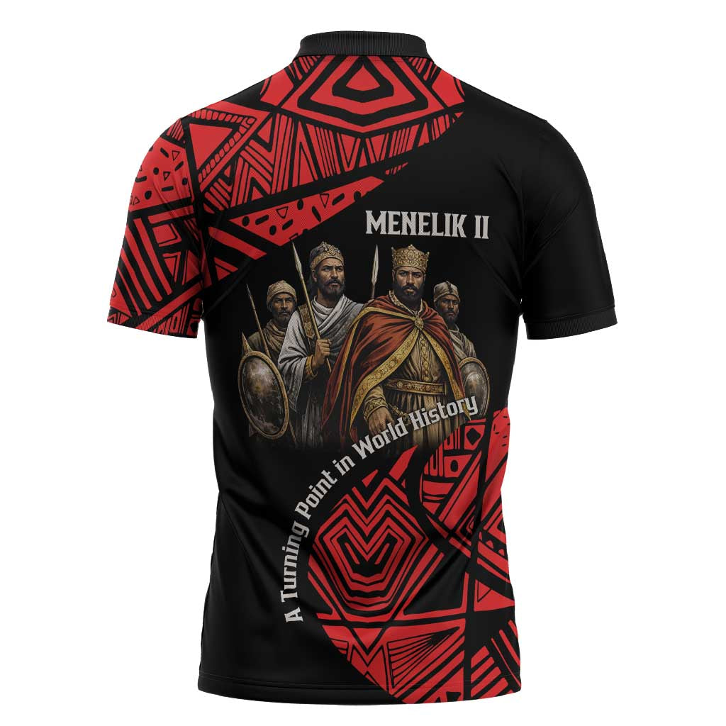 Menelik II Zipper Polo Shirt with Adwa Victory Map, Africa Defeated an Empire Text and Red Geometric - Wonder Print Shop