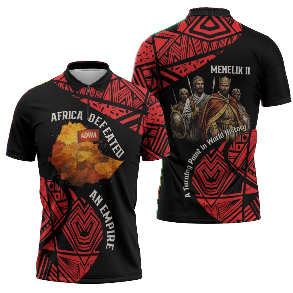 Menelik II Zipper Polo Shirt with Adwa Victory Map, Africa Defeated an Empire Text and Red Geometric - Wonder Print Shop