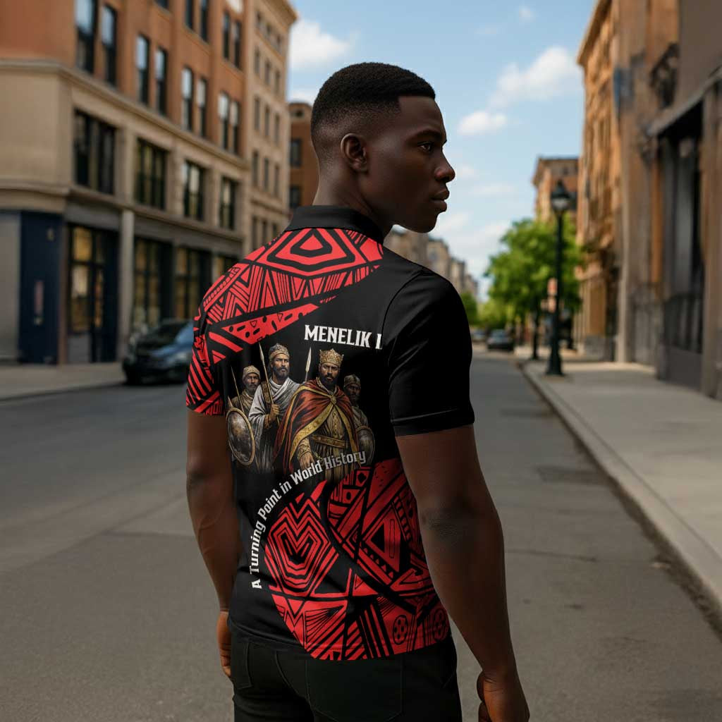 Menelik II Zipper Polo Shirt with Adwa Victory Map, Africa Defeated an Empire Text and Red Geometric - Wonder Print Shop