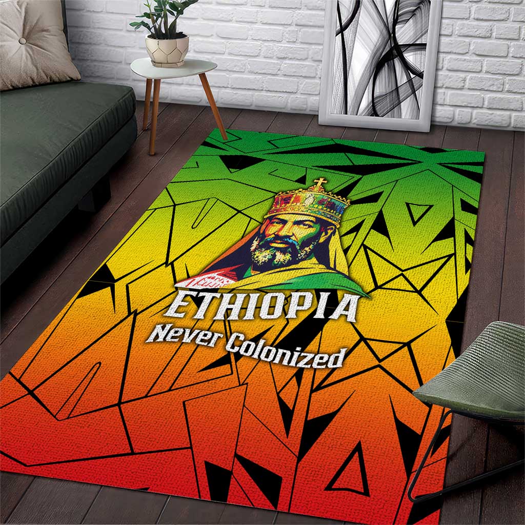 Menelik II Area Rug with Crowned Portrait, Ethiopia Never Colonized Text and Pan-African Abstract - Wonder Print Shop