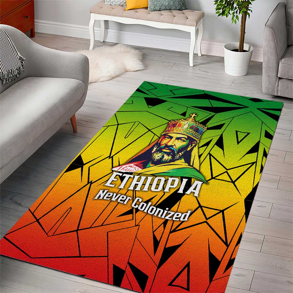 Menelik II Area Rug with Crowned Portrait, Ethiopia Never Colonized Text and Pan-African Abstract - Wonder Print Shop