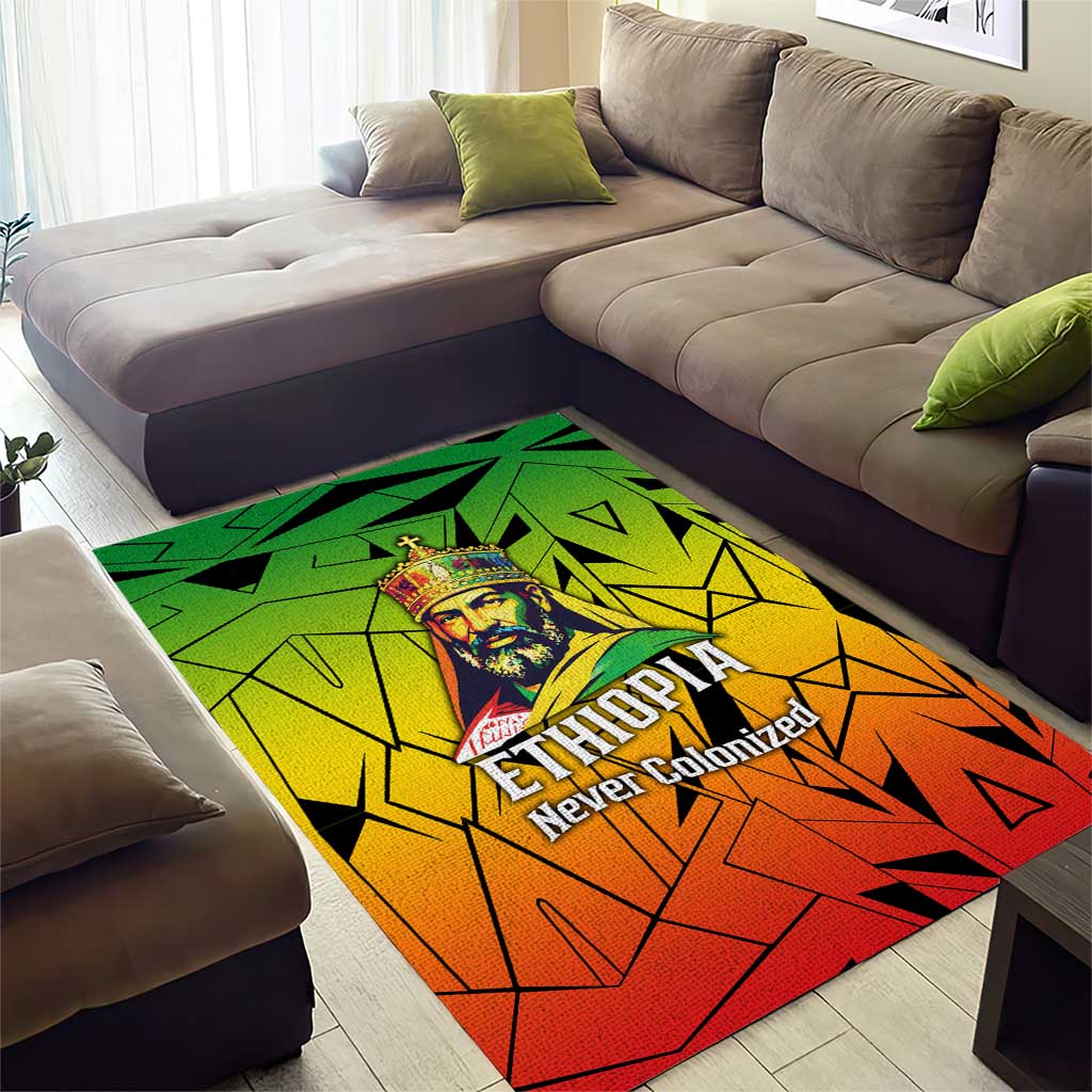 Menelik II Area Rug with Crowned Portrait, Ethiopia Never Colonized Text and Pan-African Abstract - Wonder Print Shop