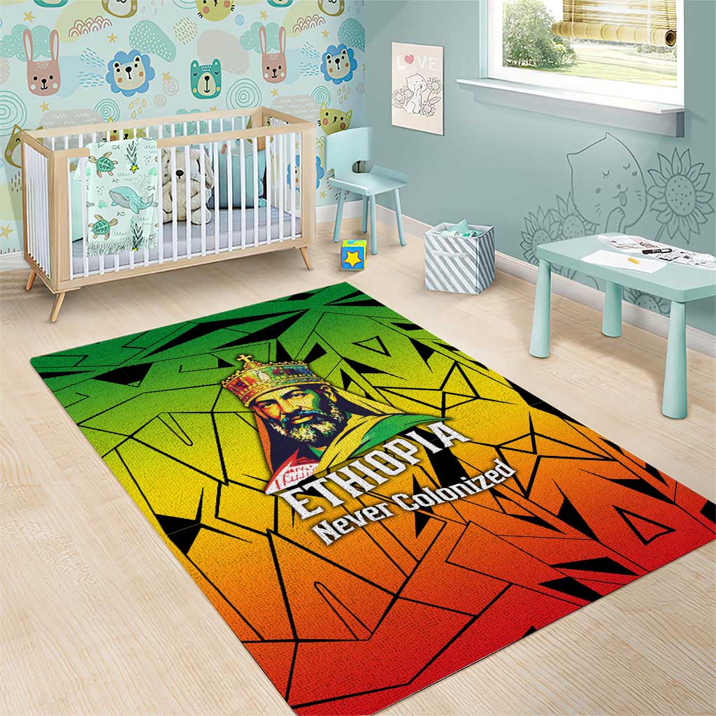 Menelik II Area Rug with Crowned Portrait, Ethiopia Never Colonized Text and Pan-African Abstract - Wonder Print Shop