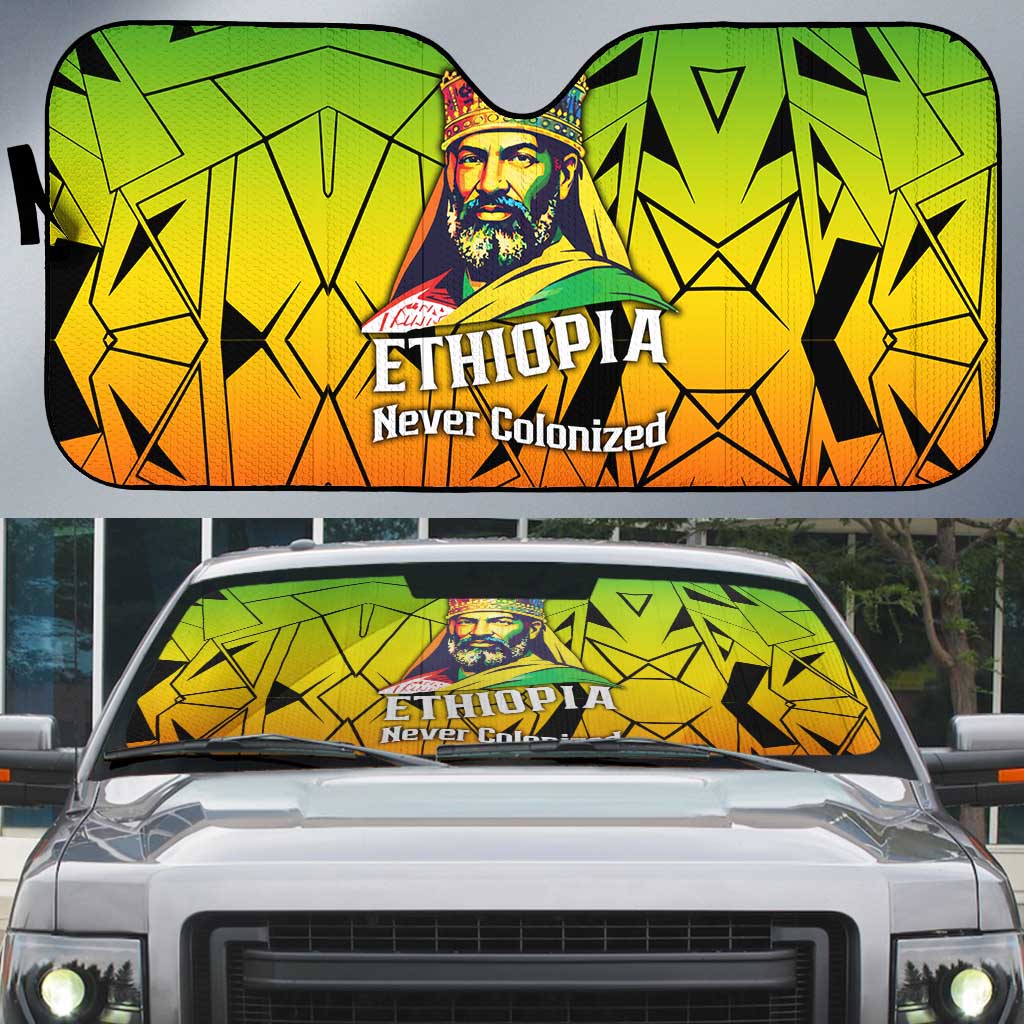 Menelik II Auto Sun Shade with Crowned Portrait, Ethiopia Never Colonized Text and Pan-African Abstract - Wonder Print Shop