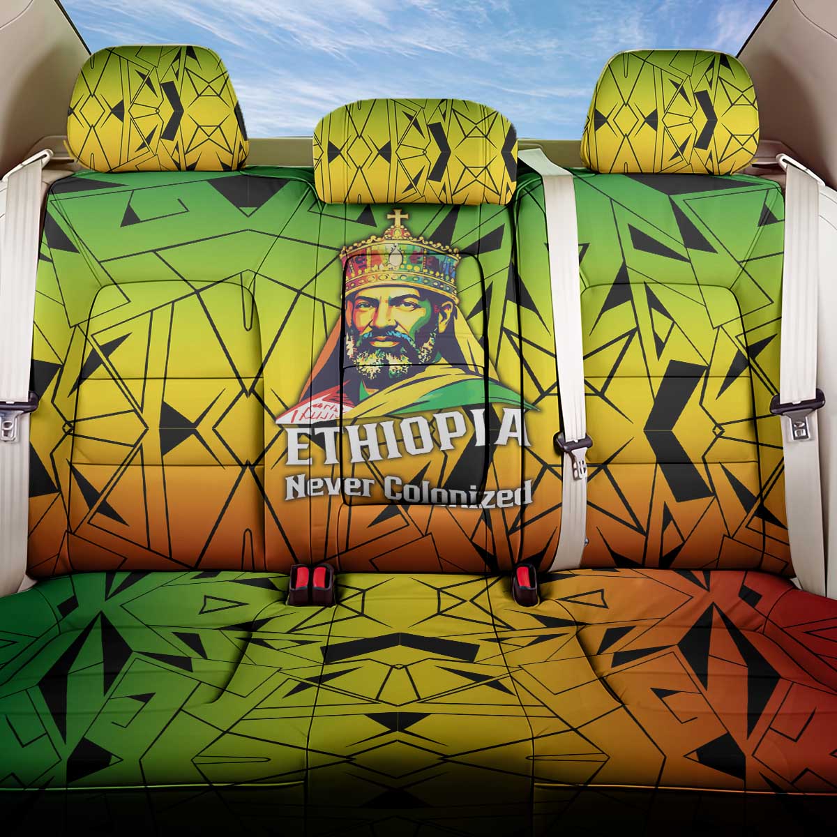 Menelik II Back Car Seat Cover with Crowned Portrait, Ethiopia Never Colonized Text and Pan-African Abstract - Wonder Print Shop