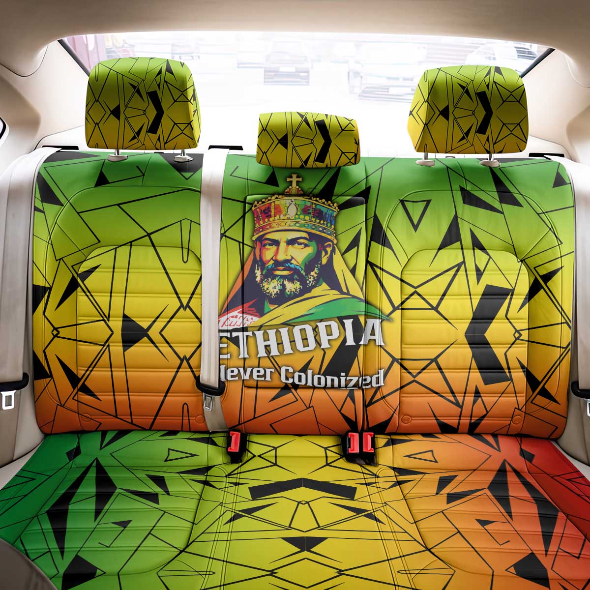 Menelik II Back Car Seat Cover with Crowned Portrait, Ethiopia Never Colonized Text and Pan-African Abstract - Wonder Print Shop