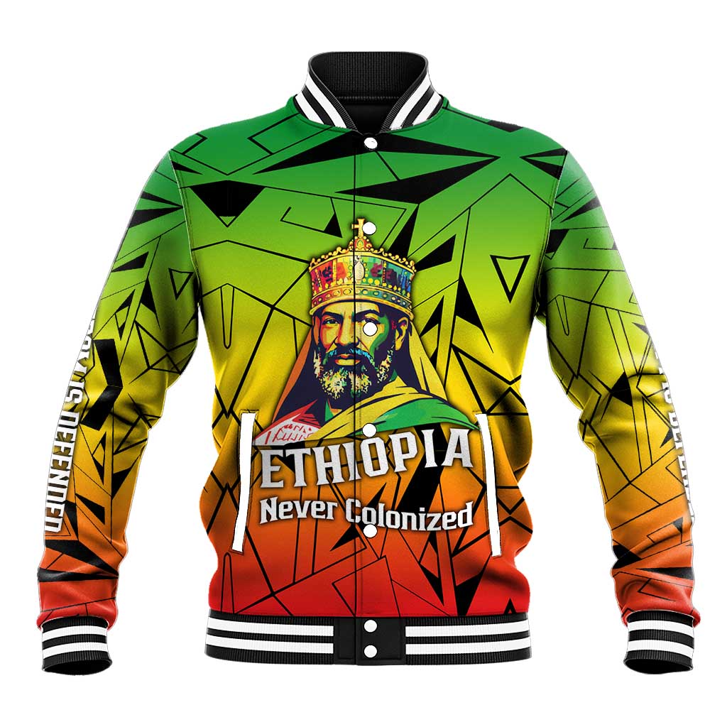 Menelik II Baseball Jacket with Crowned Portrait, Ethiopia Never Colonized Text and Pan-African Abstract - Wonder Print Shop