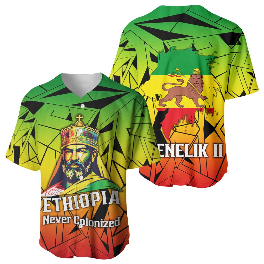Menelik II Baseball Jersey with Crowned Portrait, Ethiopia Never Colonized Text and Pan-African Abstract - Wonder Print Shop