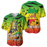 Menelik II Baseball Jersey with Crowned Portrait, Ethiopia Never Colonized Text and Pan-African Abstract - Wonder Print Shop