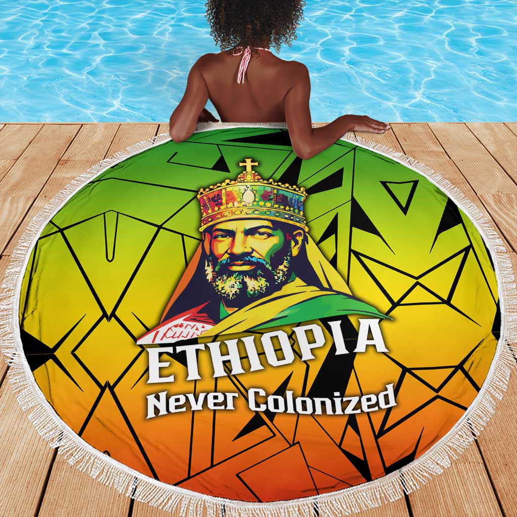 Menelik II Beach Blanket with Crowned Portrait, Ethiopia Never Colonized Text and Pan-African Abstract - Wonder Print Shop
