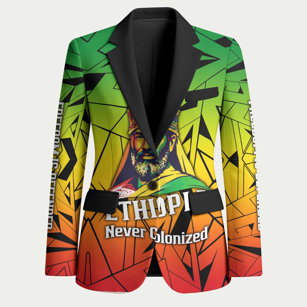 Menelik II Blazer with Crowned Portrait, Ethiopia Never Colonized Text and Pan-African Abstract - Wonder Print Shop