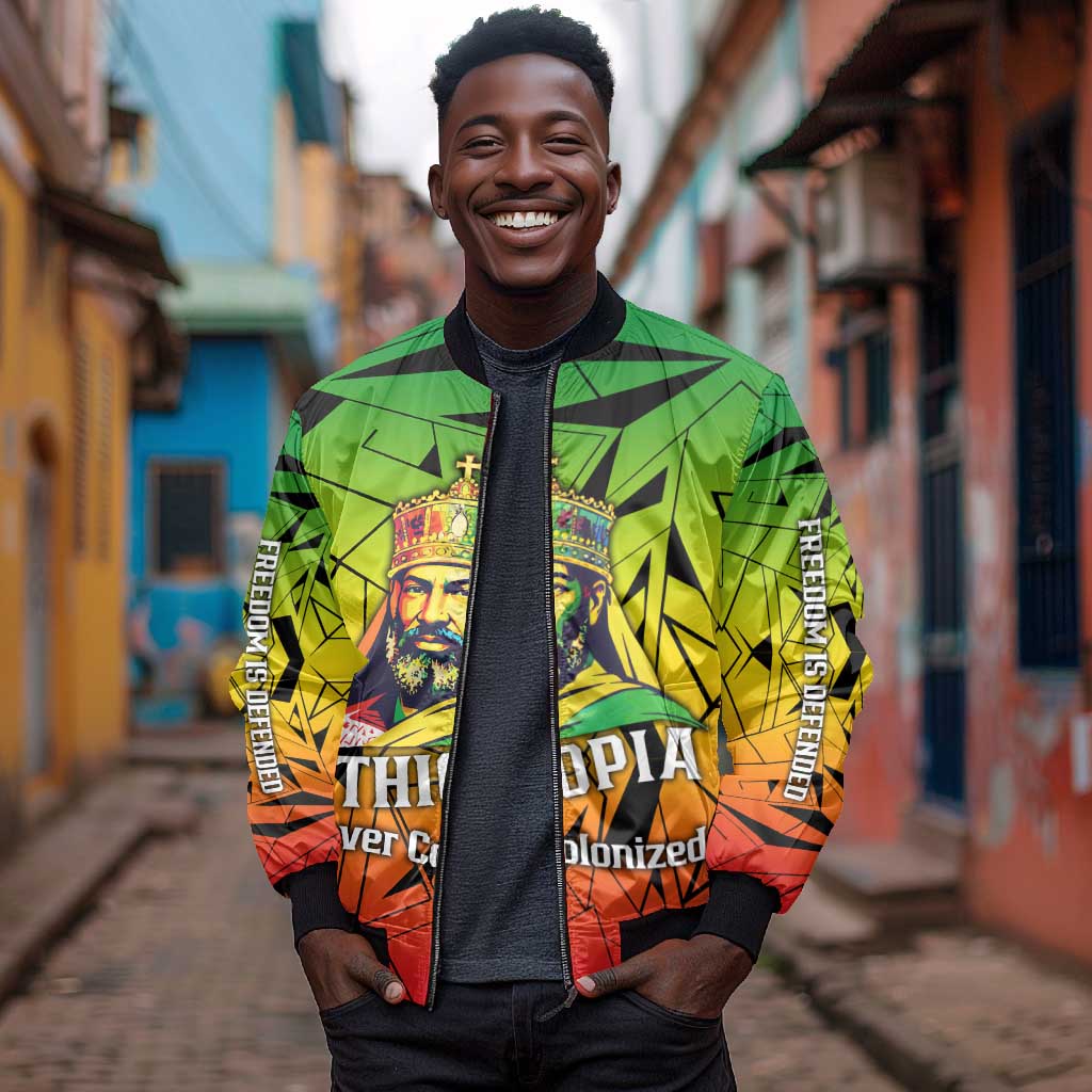 Menelik II Bomber Jacket with Crowned Portrait, Ethiopia Never Colonized Text and Pan-African Abstract - Wonder Print Shop