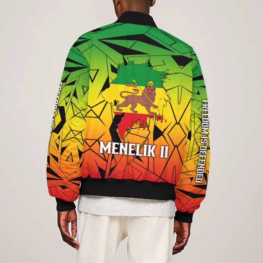 Menelik II Bomber Jacket with Crowned Portrait, Ethiopia Never Colonized Text and Pan-African Abstract - Wonder Print Shop