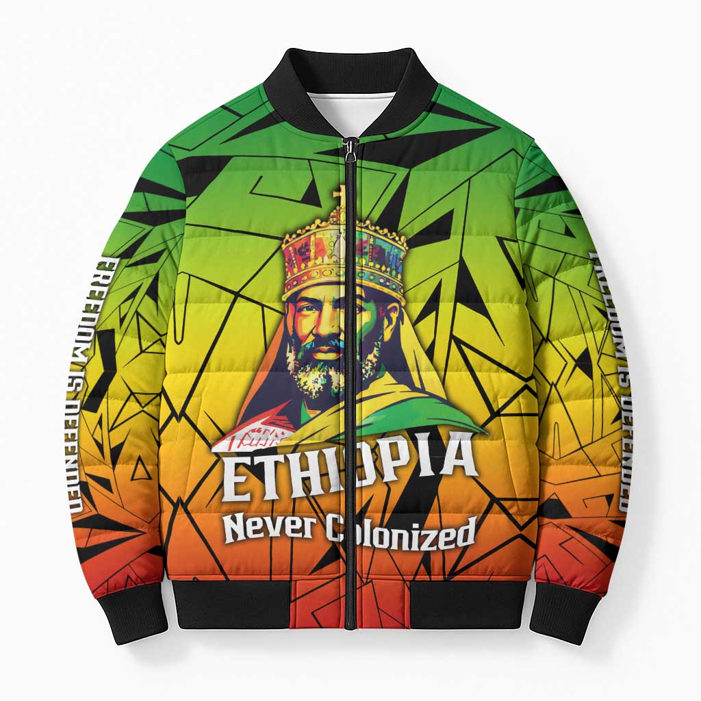 Menelik II Bomber Puffer Jacket with Crowned Portrait, Ethiopia Never Colonized Text and Pan-African Abstract - Wonder Print Shop