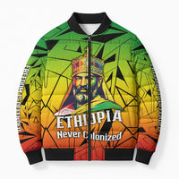 Menelik II Bomber Puffer Jacket with Crowned Portrait, Ethiopia Never Colonized Text and Pan-African Abstract - Wonder Print Shop