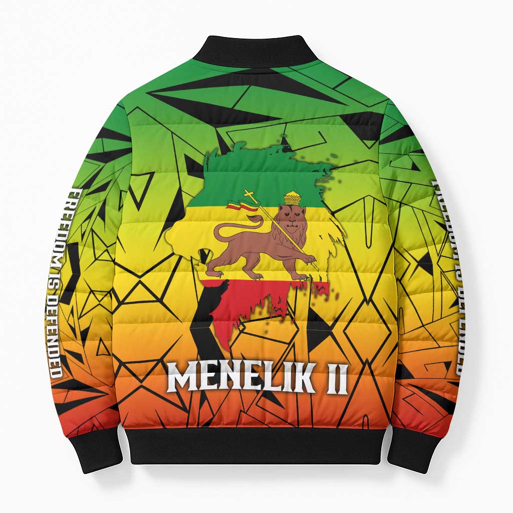 Menelik II Bomber Puffer Jacket with Crowned Portrait, Ethiopia Never Colonized Text and Pan-African Abstract - Wonder Print Shop
