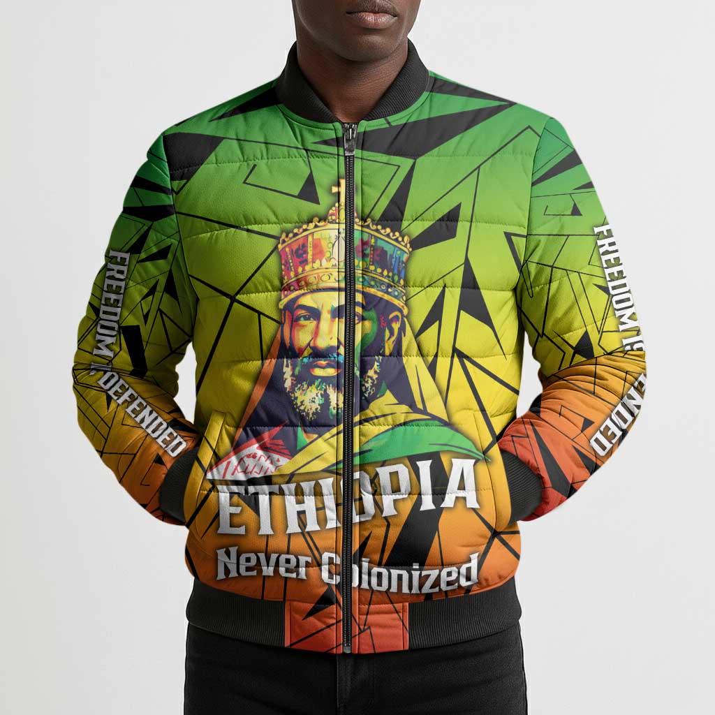 Menelik II Bomber Puffer Jacket with Crowned Portrait, Ethiopia Never Colonized Text and Pan-African Abstract - Wonder Print Shop