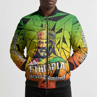 Menelik II Bomber Puffer Jacket with Crowned Portrait, Ethiopia Never Colonized Text and Pan-African Abstract - Wonder Print Shop