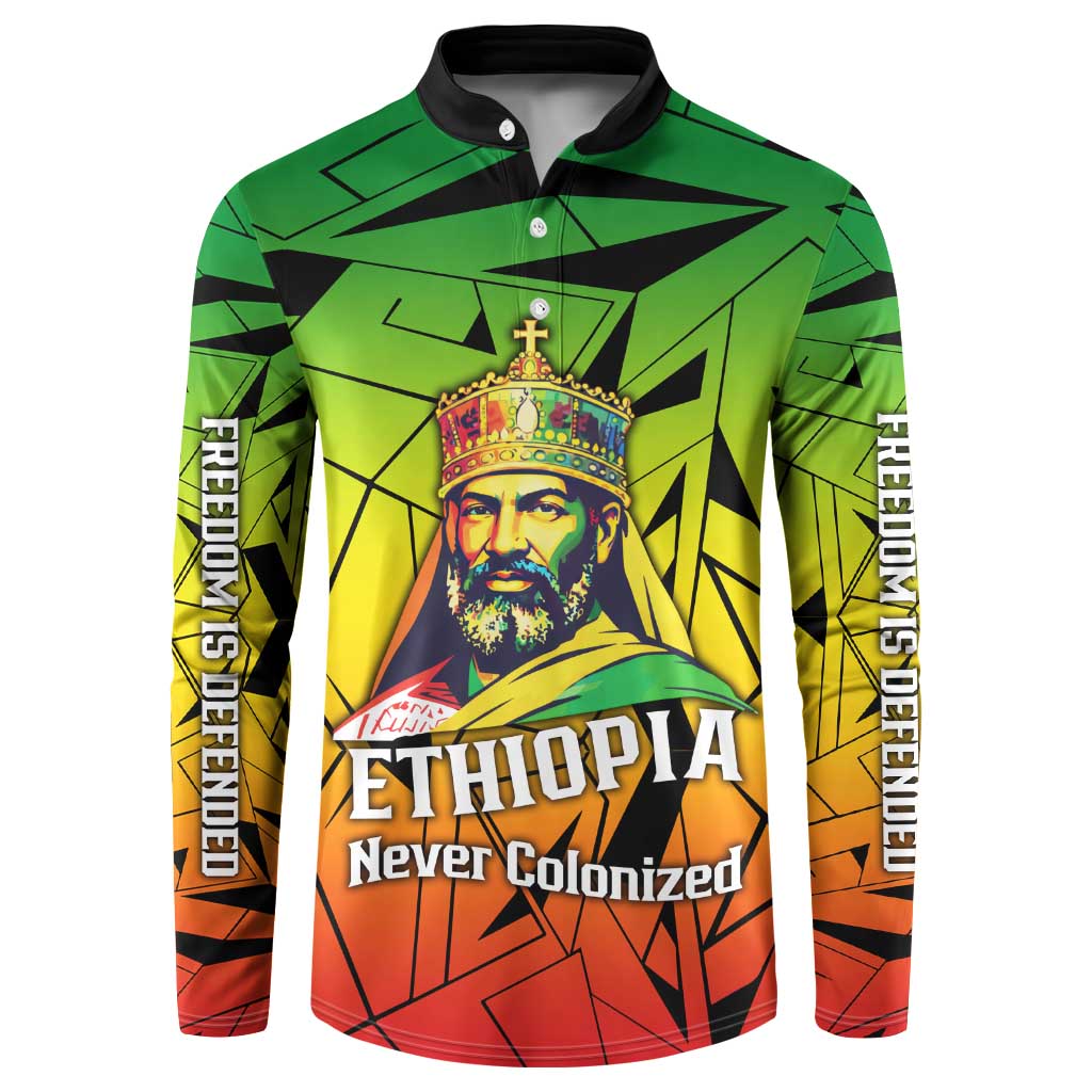 Menelik II Button Sweatshirt with Crowned Portrait, Ethiopia Never Colonized Text and Pan-African Abstract