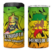 Menelik II 4 in 1 Can Cooler Tumbler with Crowned Portrait, Ethiopia Never Colonized Text and Pan-African Abstract - Wonder Print Shop