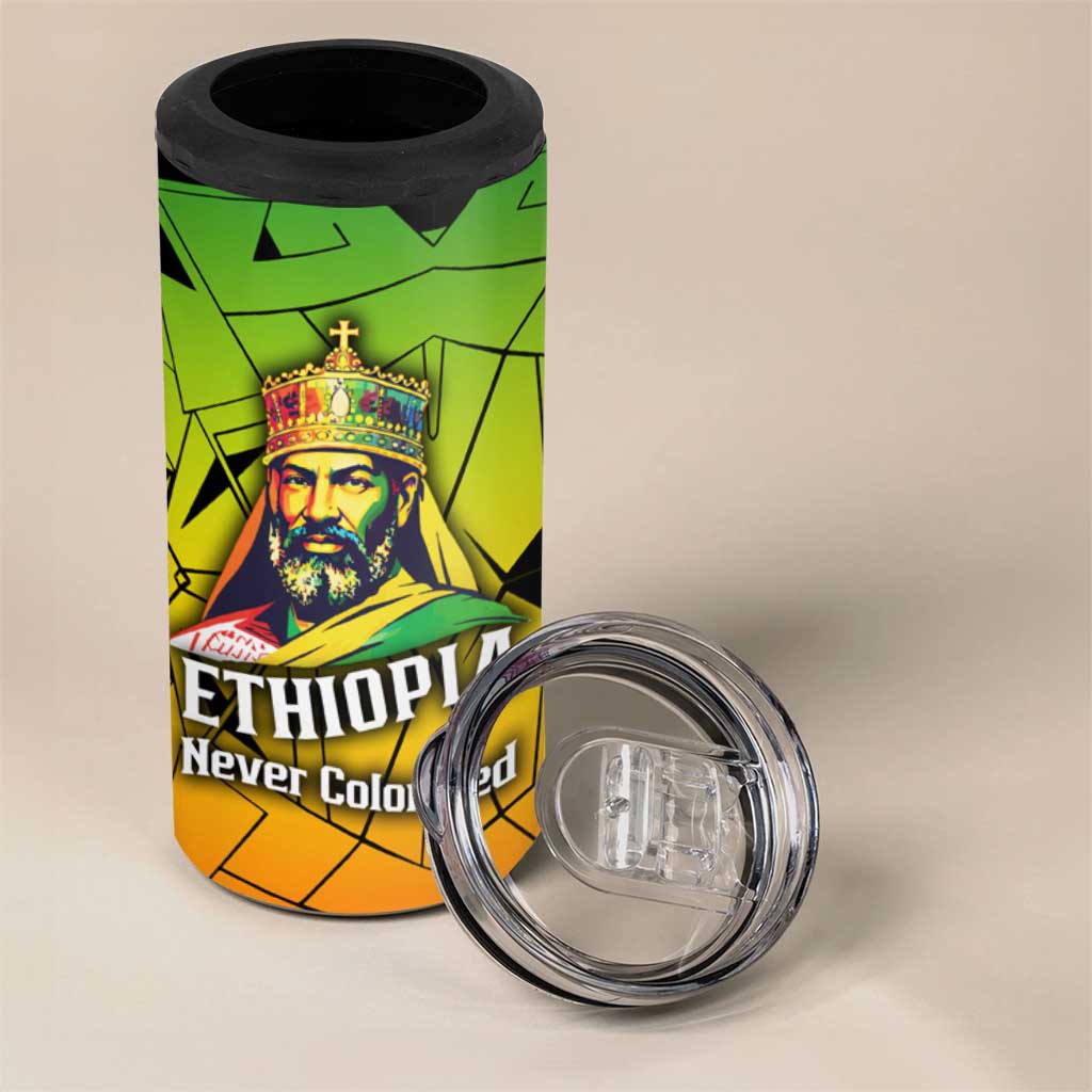 Menelik II 4 in 1 Can Cooler Tumbler with Crowned Portrait, Ethiopia Never Colonized Text and Pan-African Abstract - Wonder Print Shop