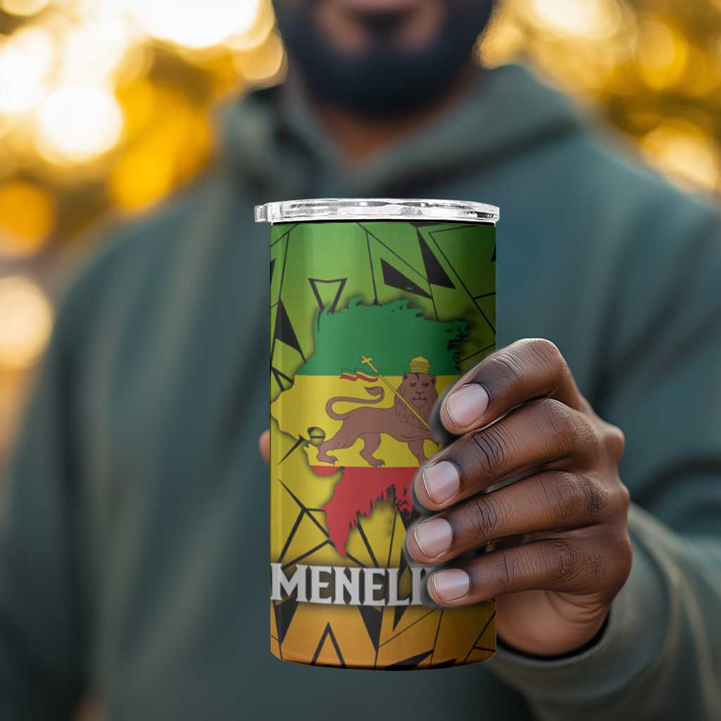 Menelik II 4 in 1 Can Cooler Tumbler with Crowned Portrait, Ethiopia Never Colonized Text and Pan-African Abstract - Wonder Print Shop