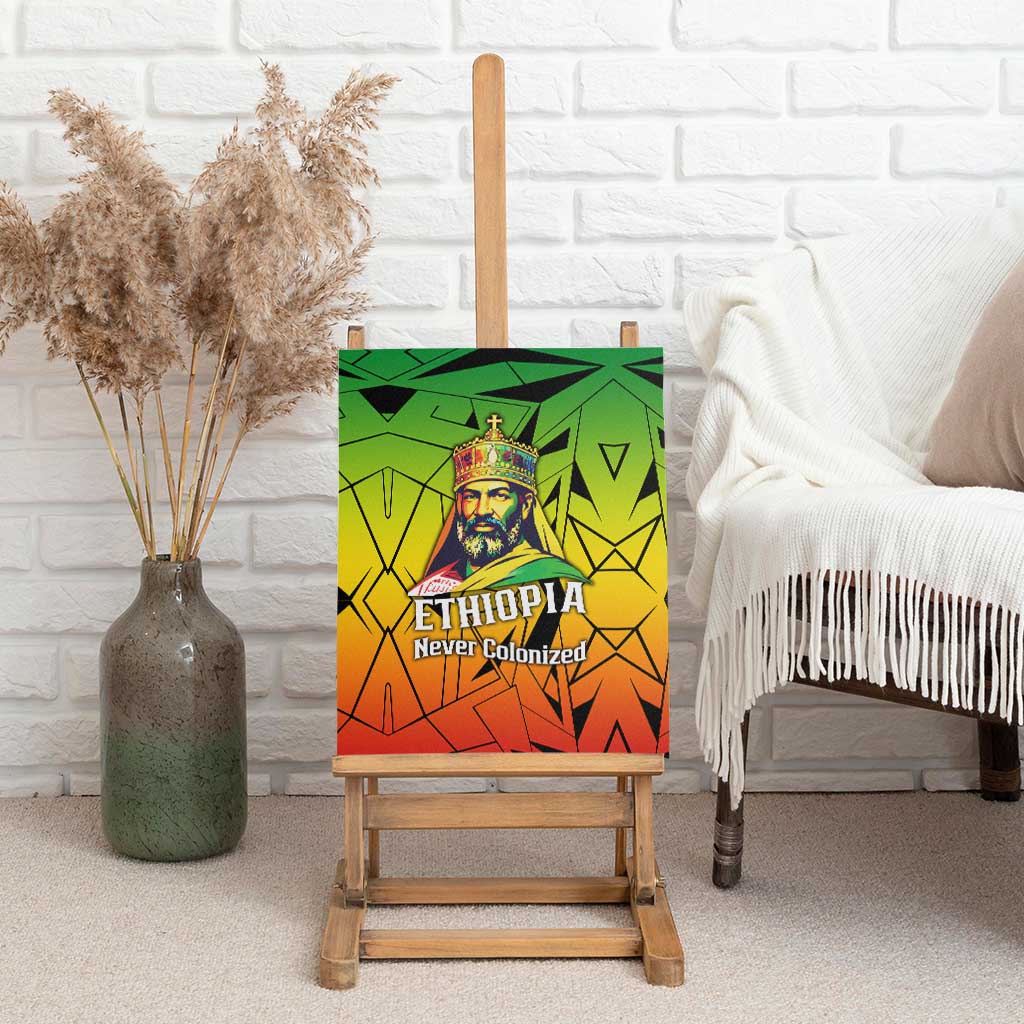 Menelik II Canvas Wall Art with Crowned Portrait, Ethiopia Never Colonized Text and Pan-African Abstract - Wonder Print Shop