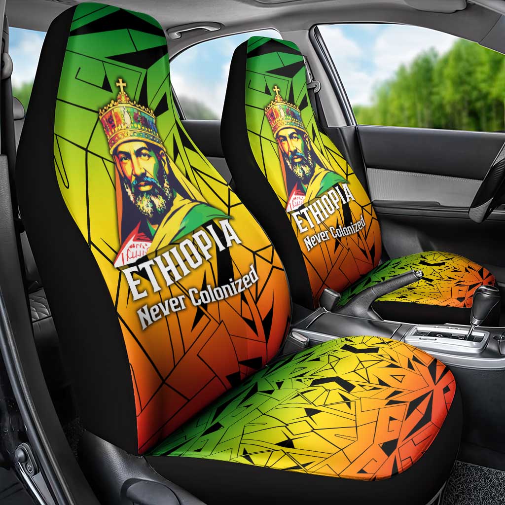 Menelik II Car Seat Cover with Crowned Portrait, Ethiopia Never Colonized Text and Pan-African Abstract - Wonder Print Shop