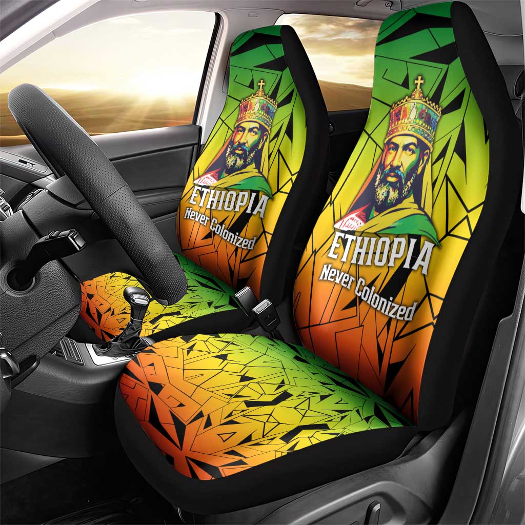 Menelik II Car Seat Cover with Crowned Portrait, Ethiopia Never Colonized Text and Pan-African Abstract - Wonder Print Shop
