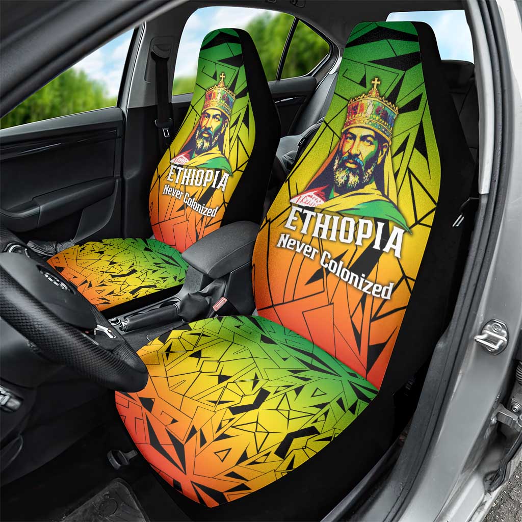 Menelik II Car Seat Cover with Crowned Portrait, Ethiopia Never Colonized Text and Pan-African Abstract - Wonder Print Shop