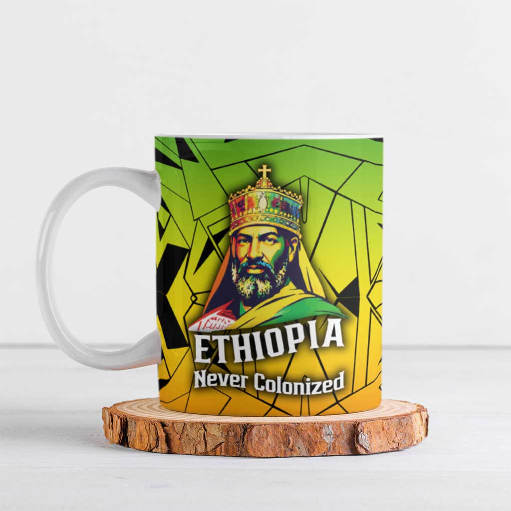Menelik II Ceramic Mug with Crowned Portrait, Ethiopia Never Colonized Text and Pan-African Abstract - Wonder Print Shop